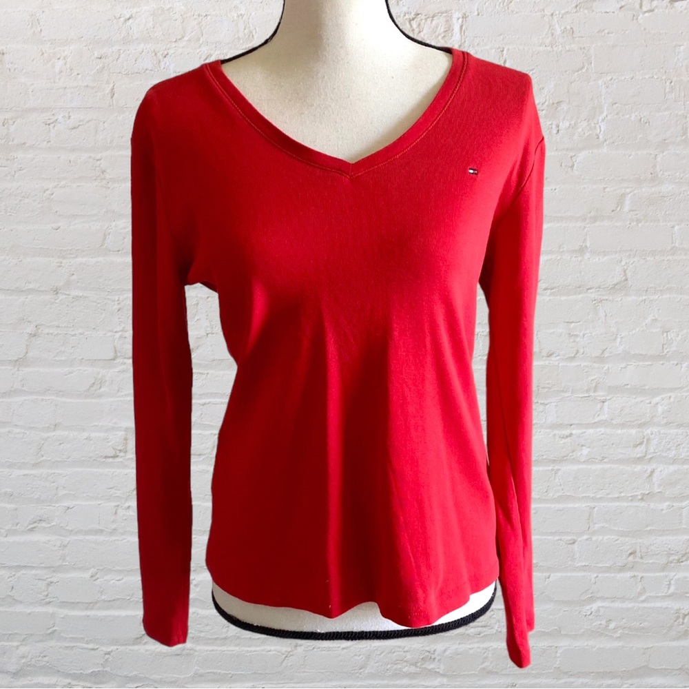 TOMMY HILFIGER LONG SLEEVE V NECK SOLID LOGO TOP